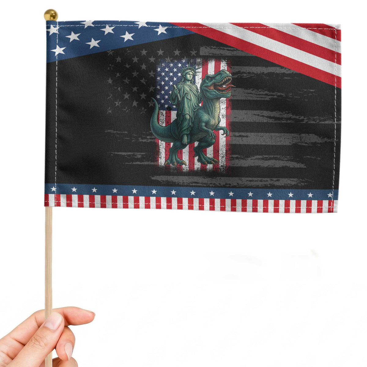 Funny Dinosaur Statue Of Liberty 4th Of July Patriotic Handheld Flag American Flag TS11 Distressed 8.2