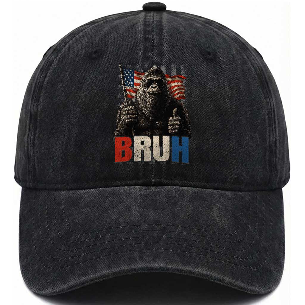 Funny 4th Of July Bigfoot Bruh Washed Cotton Baseball Cap Patriotic Sasquatch American US Flag TS11 Washed Cap Universal Fit Black Print Your Wear