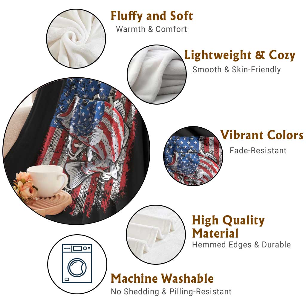 Funny Bass Fish Fishing Vintage American Flag Patriotic Throw Blanket TS11 Print Your Wear