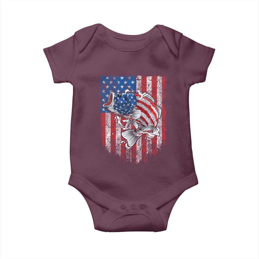 Funny Bass Fish Fishing Vintage American Flag Patriotic Baby Onesie TS11 Maroon Print Your Wear