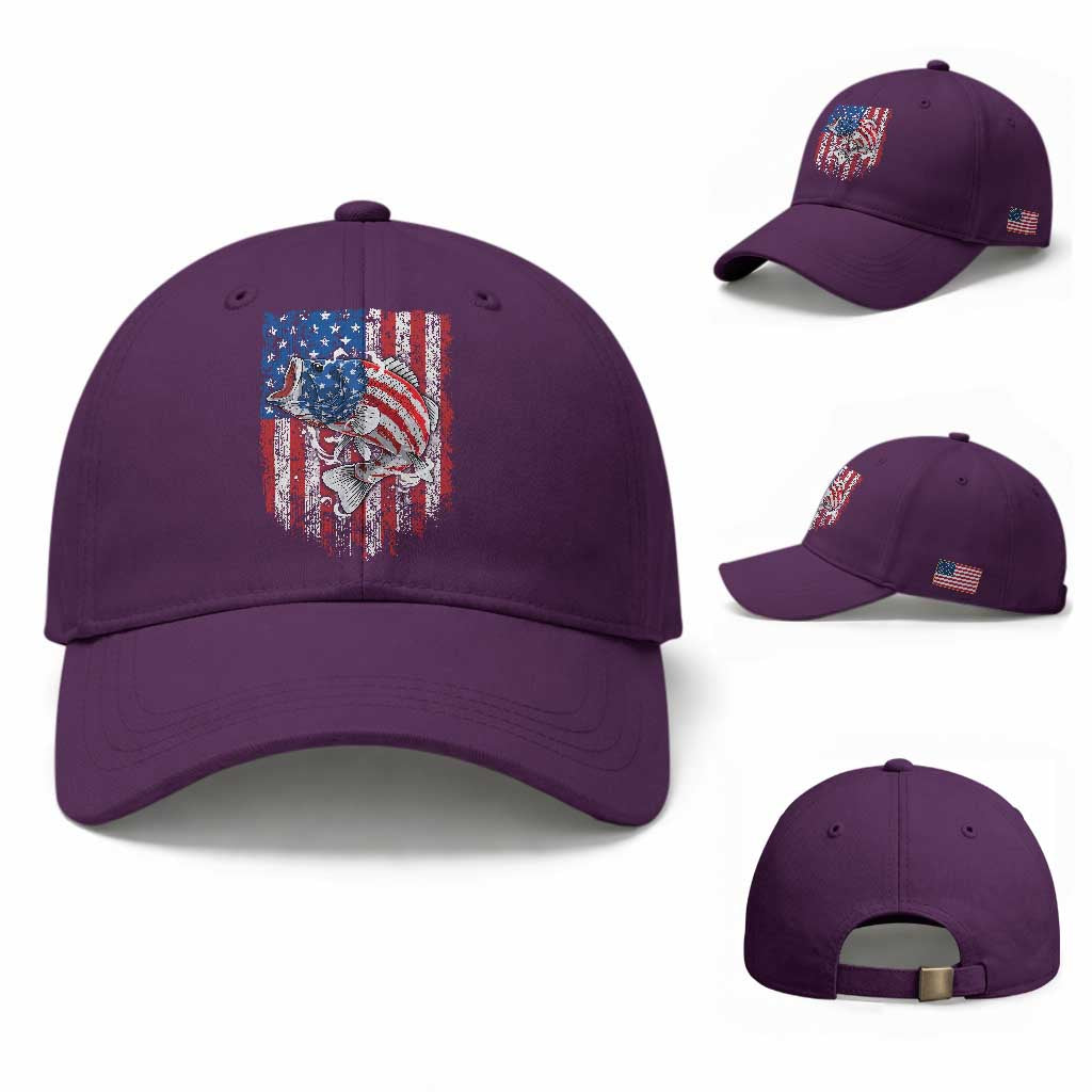 Funny Bass Fish Fishing Vintage American Flag Patriotic Baseball Cap TS11 Baseball Cap Universal Fit Purple Print Your Wear