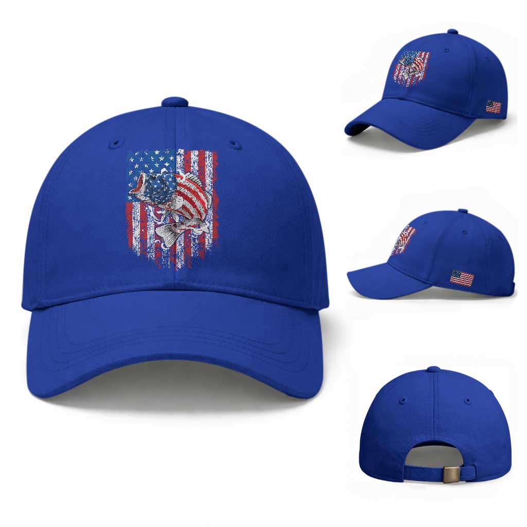 Funny Bass Fish Fishing Vintage American Flag Patriotic Baseball Cap TS11 Baseball Cap Universal Fit Royal Blue Print Your Wear