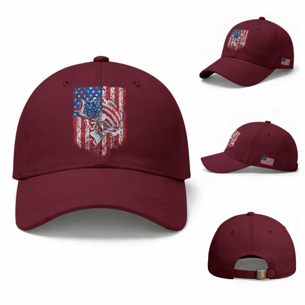 Funny Bass Fish Fishing Vintage American Flag Patriotic Baseball Cap TS11 Baseball Cap Universal Fit Maroon Print Your Wear