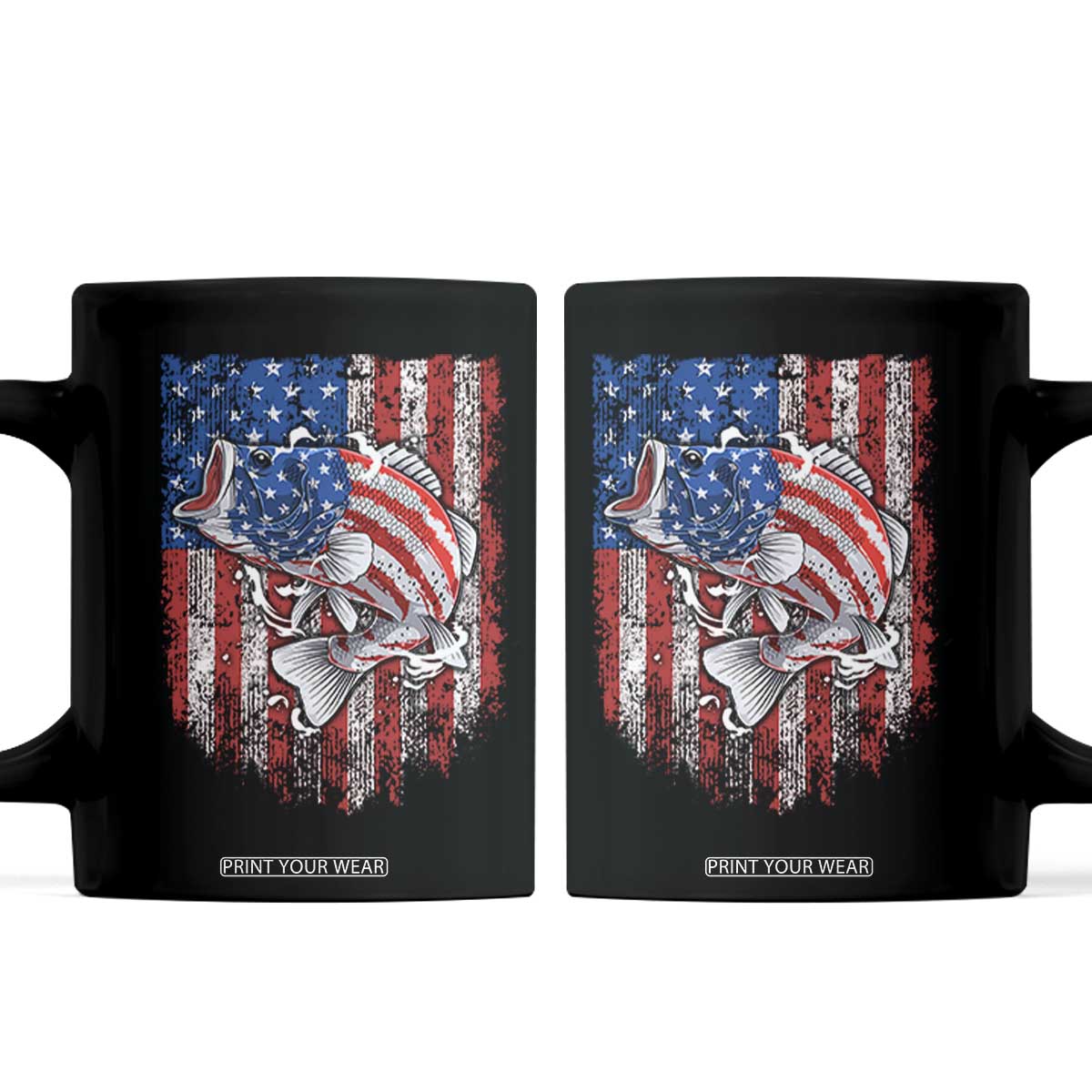 Funny Bass Fish Fishing Vintage American Flag Patriotic Coffee Mug TS11 Black Print Your Wear