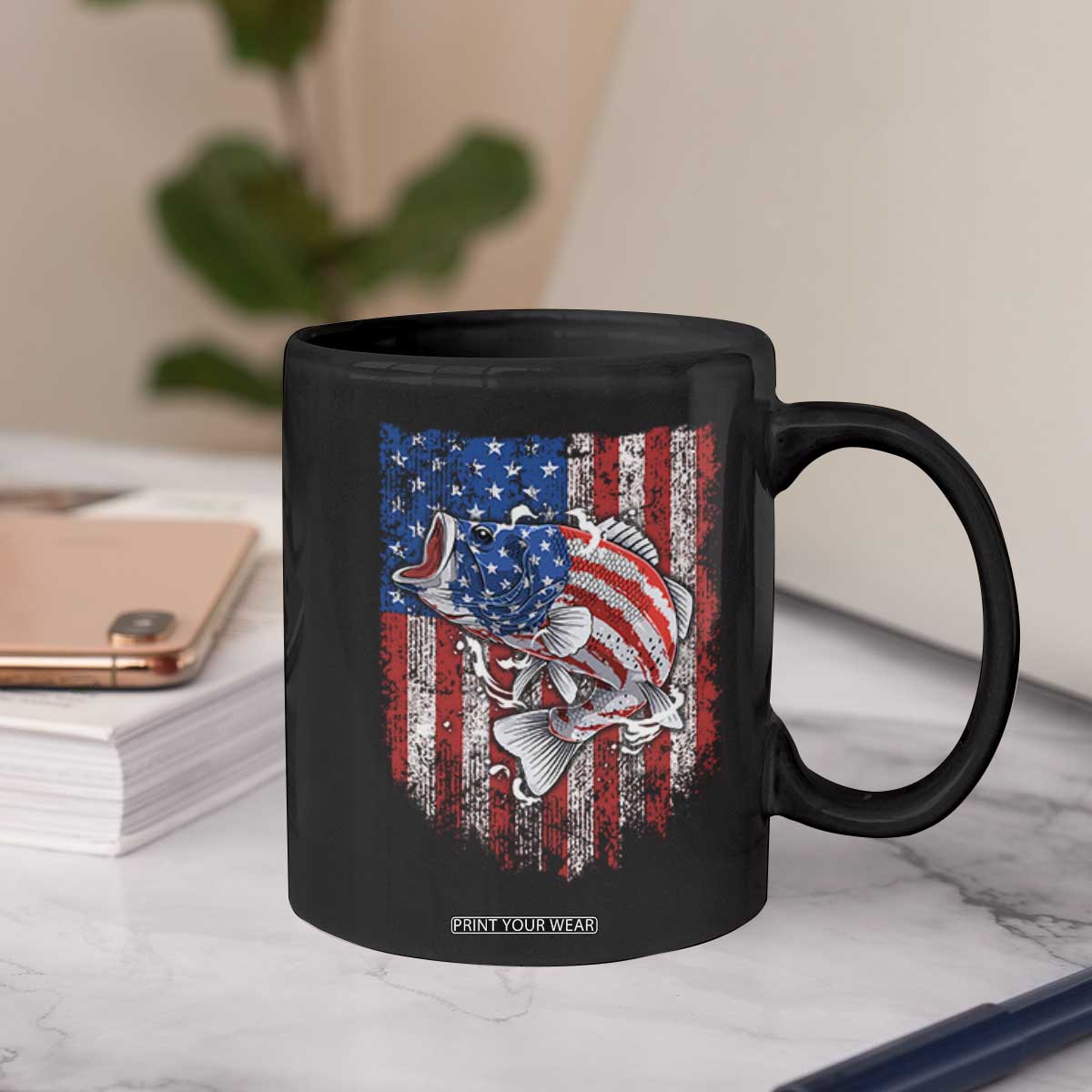 Funny Bass Fish Fishing Vintage American Flag Patriotic Coffee Mug TS11 Print Your Wear