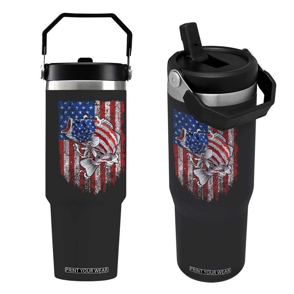Funny Bass Fish Fishing Vintage American Flag Patriotic Flip Straw Tumbler TS11 One Size: 30 oz Black Print Your Wear