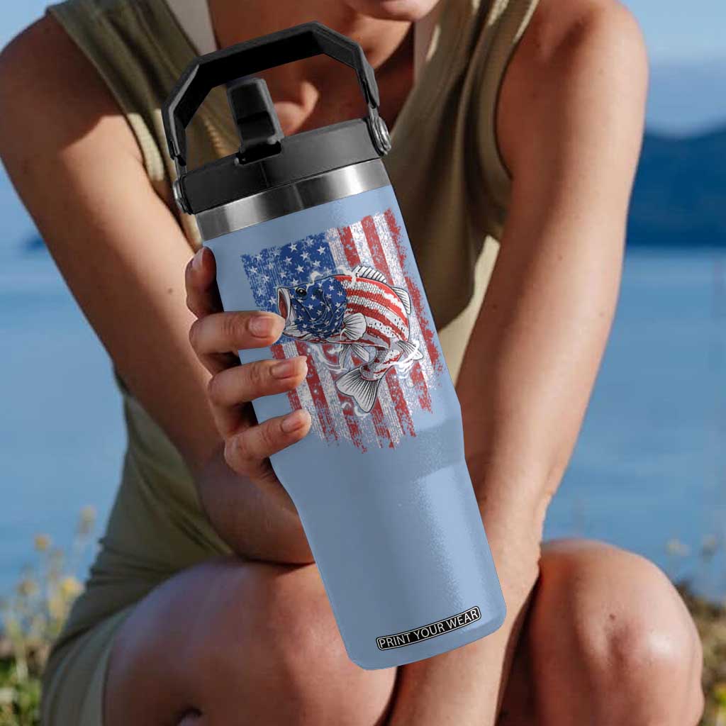 Funny Bass Fish Fishing Vintage American Flag Patriotic Flip Straw Tumbler TS11 One Size: 30 oz Light Blue Print Your Wear