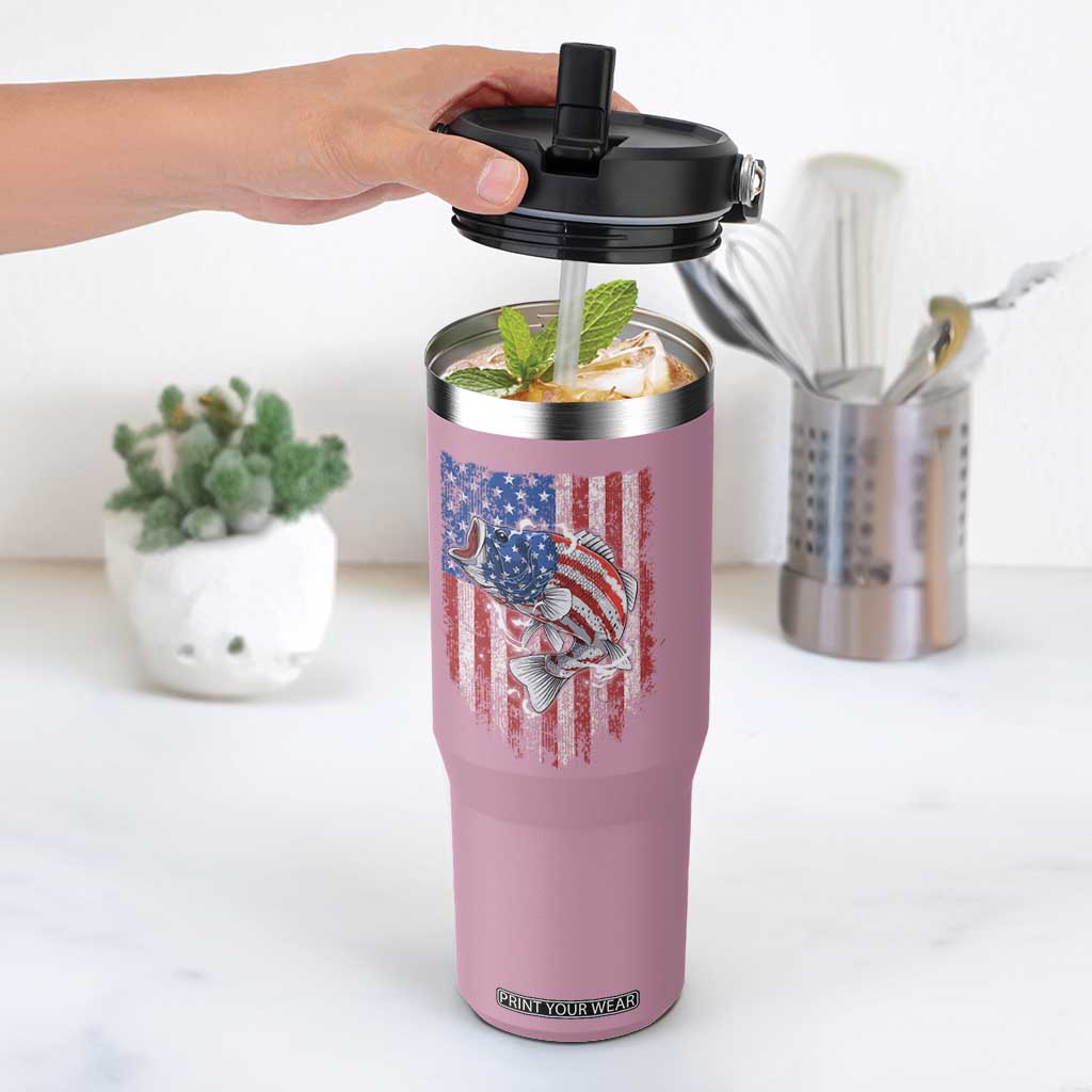 Funny Bass Fish Fishing Vintage American Flag Patriotic Flip Straw Tumbler TS11 One Size: 30 oz Light Pink Print Your Wear