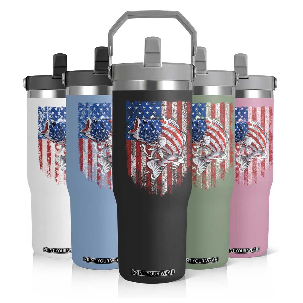 Funny Bass Fish Fishing Vintage American Flag Patriotic Flip Straw Tumbler TS11 Print Your Wear