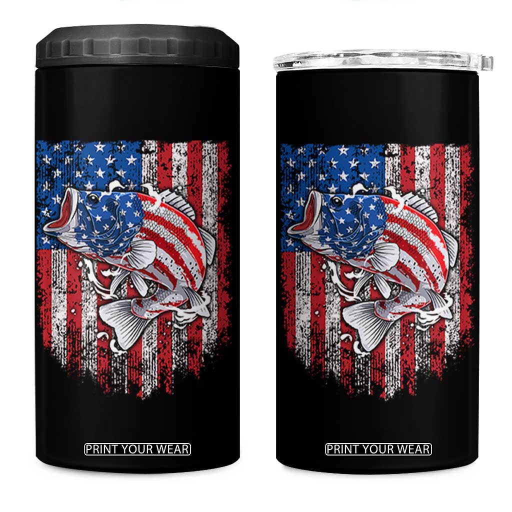 Funny Bass Fish Fishing Vintage American Flag Patriotic 4 in 1 Can Cooler Tumbler TS11 One Size: 16 oz Black Print Your Wear