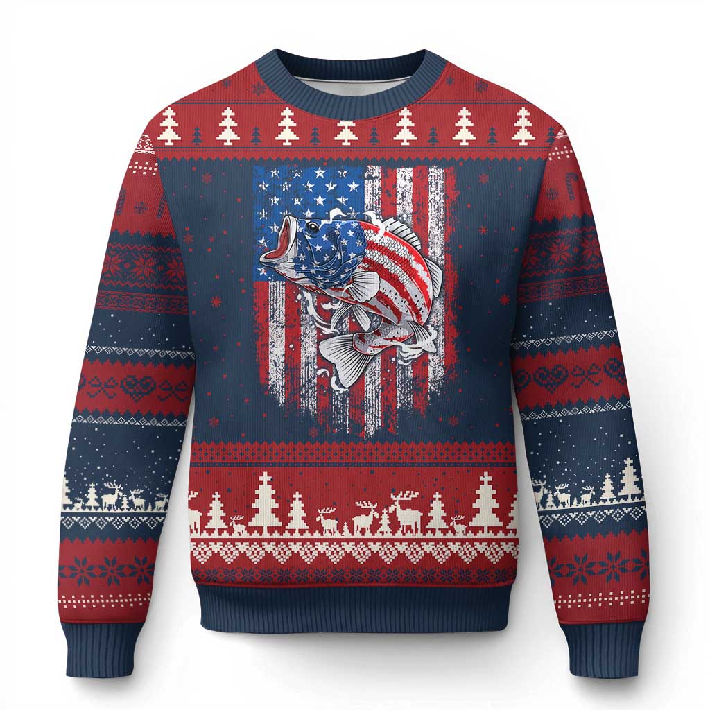 Funny Bass Fish Fishing Vintage American Flag Patriotic Ugly Christmas Sweater TS11 Navy Red Print Your Wear