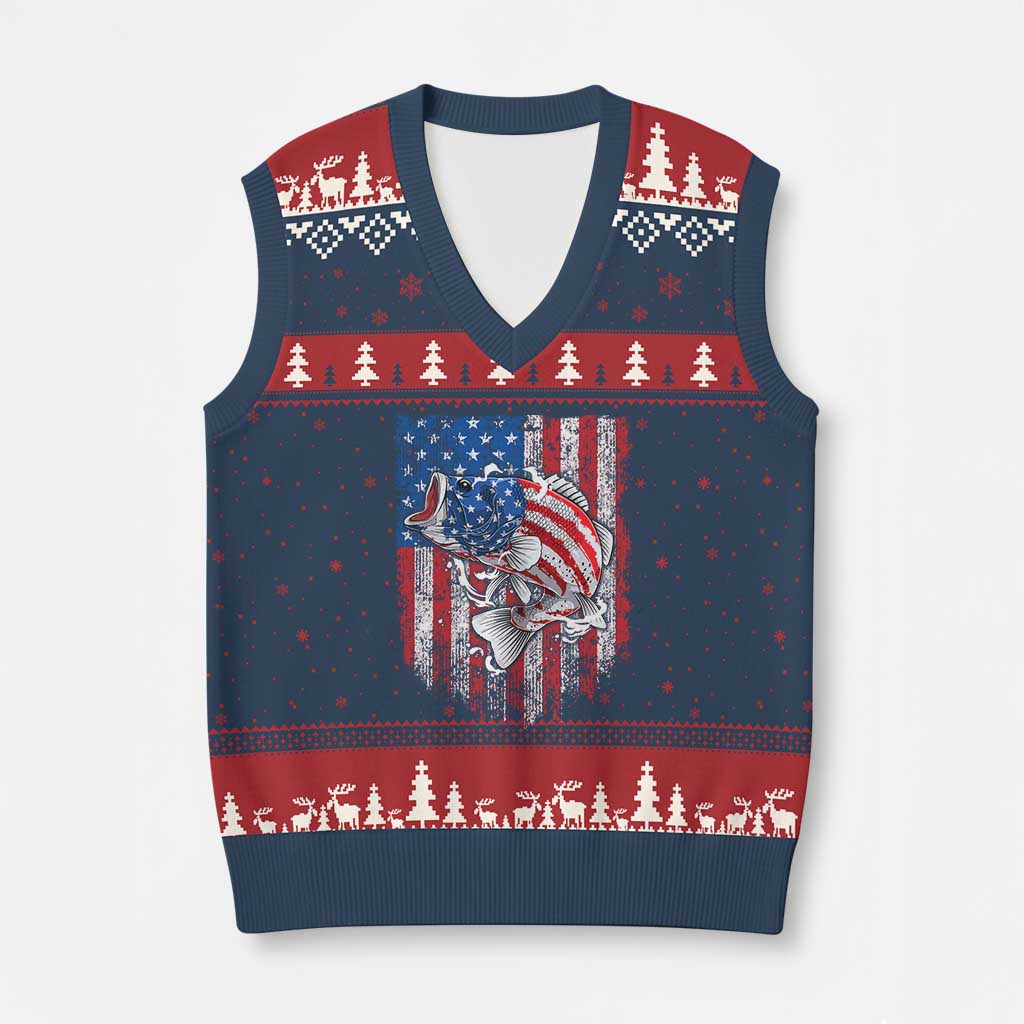 Funny Bass Fish Fishing Vintage American Flag Patriotic V-Neck Knit Sweater Vest TS11 Navy Red Print Your Wear
