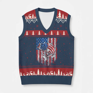 Funny Bass Fish Fishing Vintage American Flag Patriotic V-Neck Knit Sweater Vest TS11 Navy Red Print Your Wear