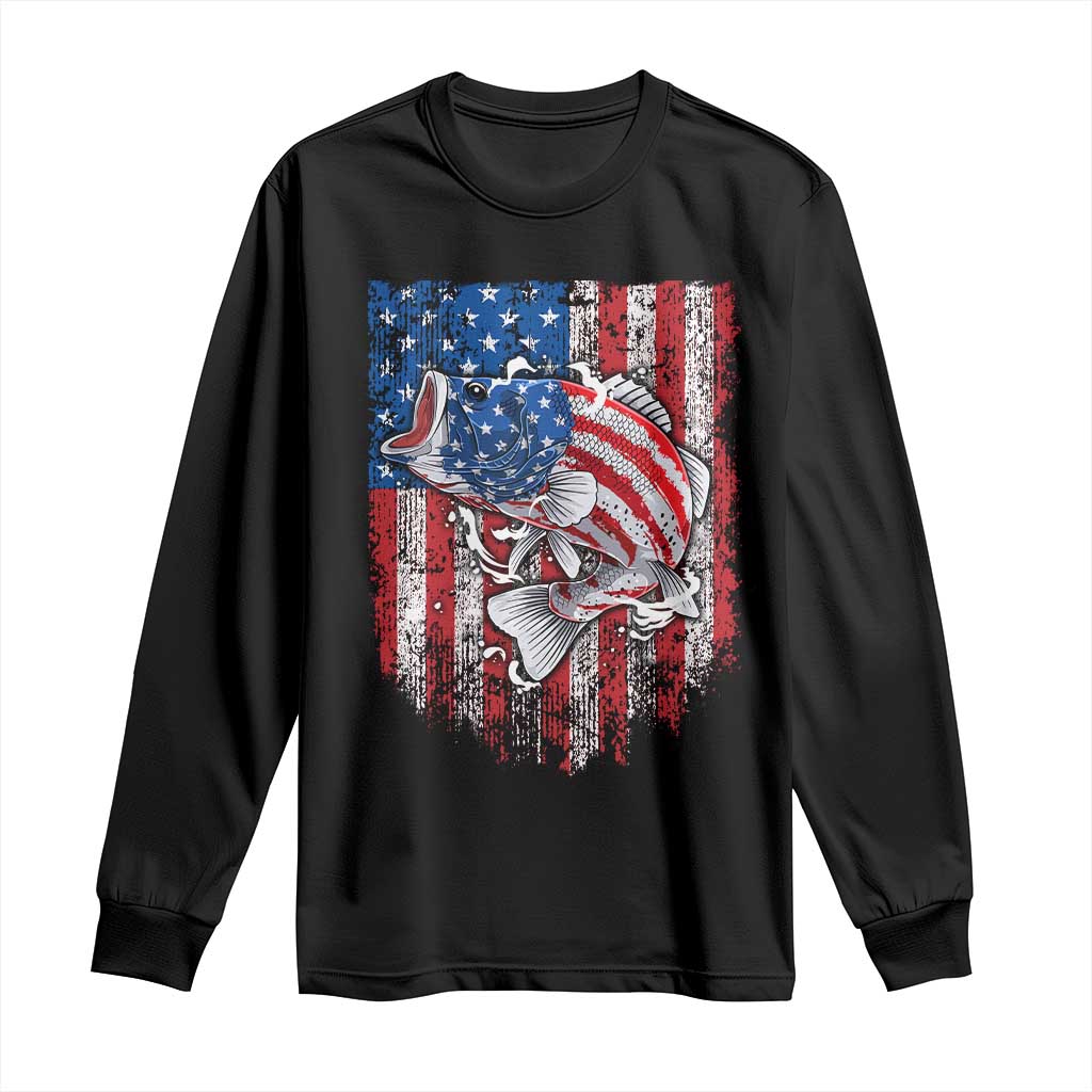 Funny Bass Fish Fishing Vintage American Flag Patriotic Long Sleeve Shirt TS11 Black Print Your Wear