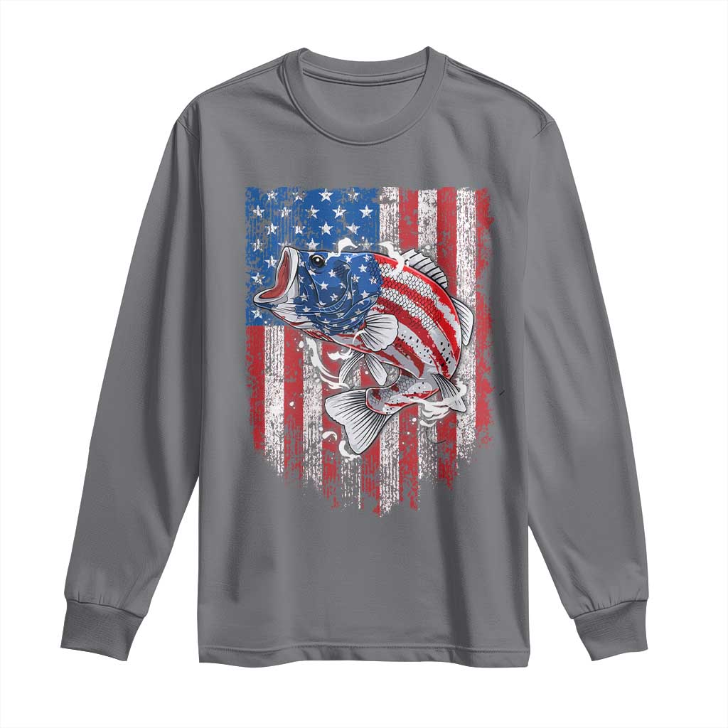 Funny Bass Fish Fishing Vintage American Flag Patriotic Long Sleeve Shirt TS11 Charcoal Print Your Wear
