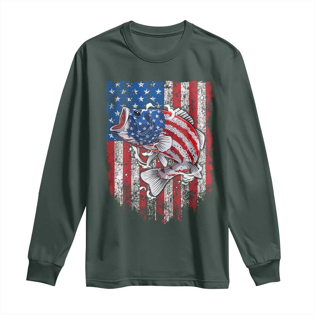 Funny Bass Fish Fishing Vintage American Flag Patriotic Long Sleeve Shirt TS11 Dark Forest Green Print Your Wear