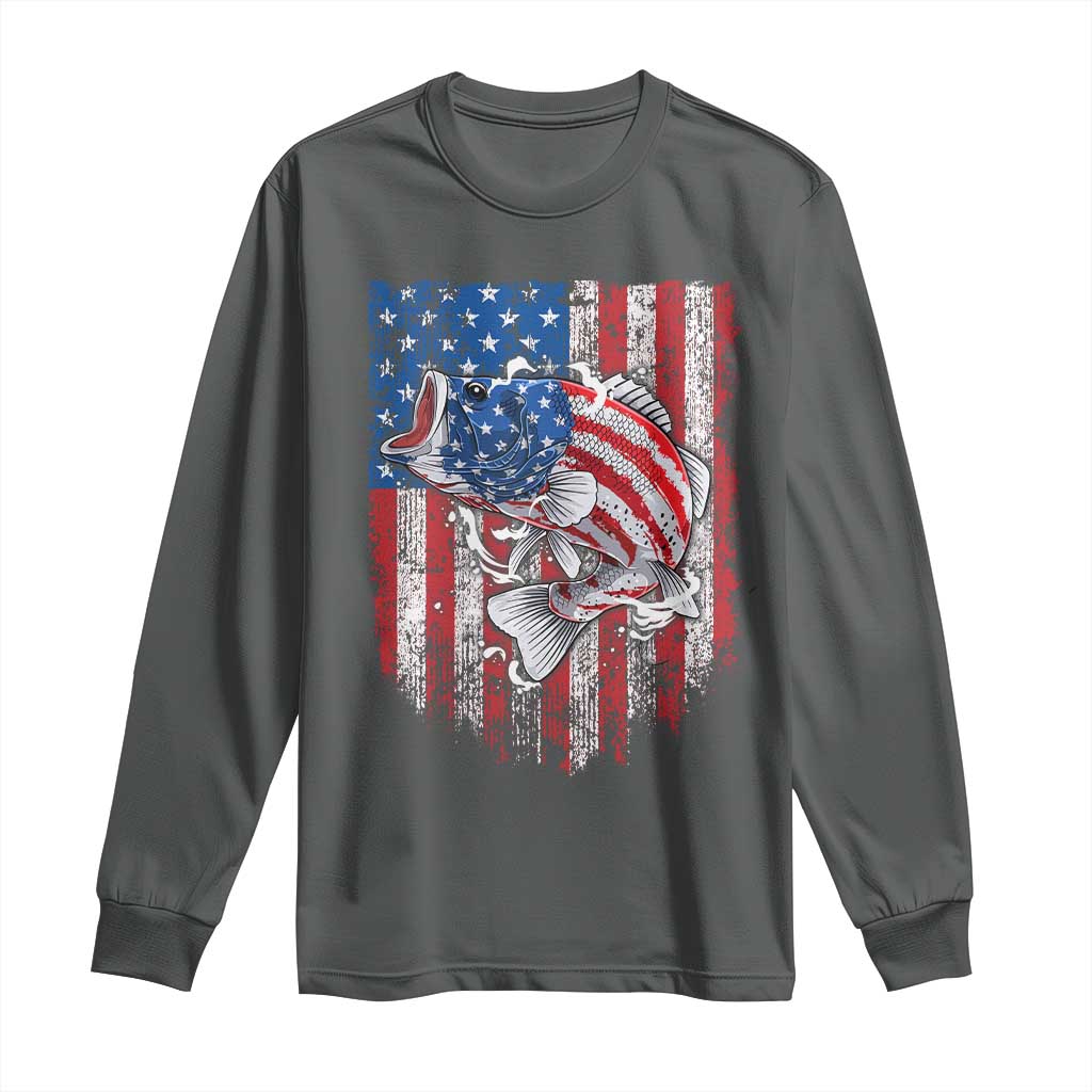 Funny Bass Fish Fishing Vintage American Flag Patriotic Long Sleeve Shirt TS11 Dark Heather Print Your Wear