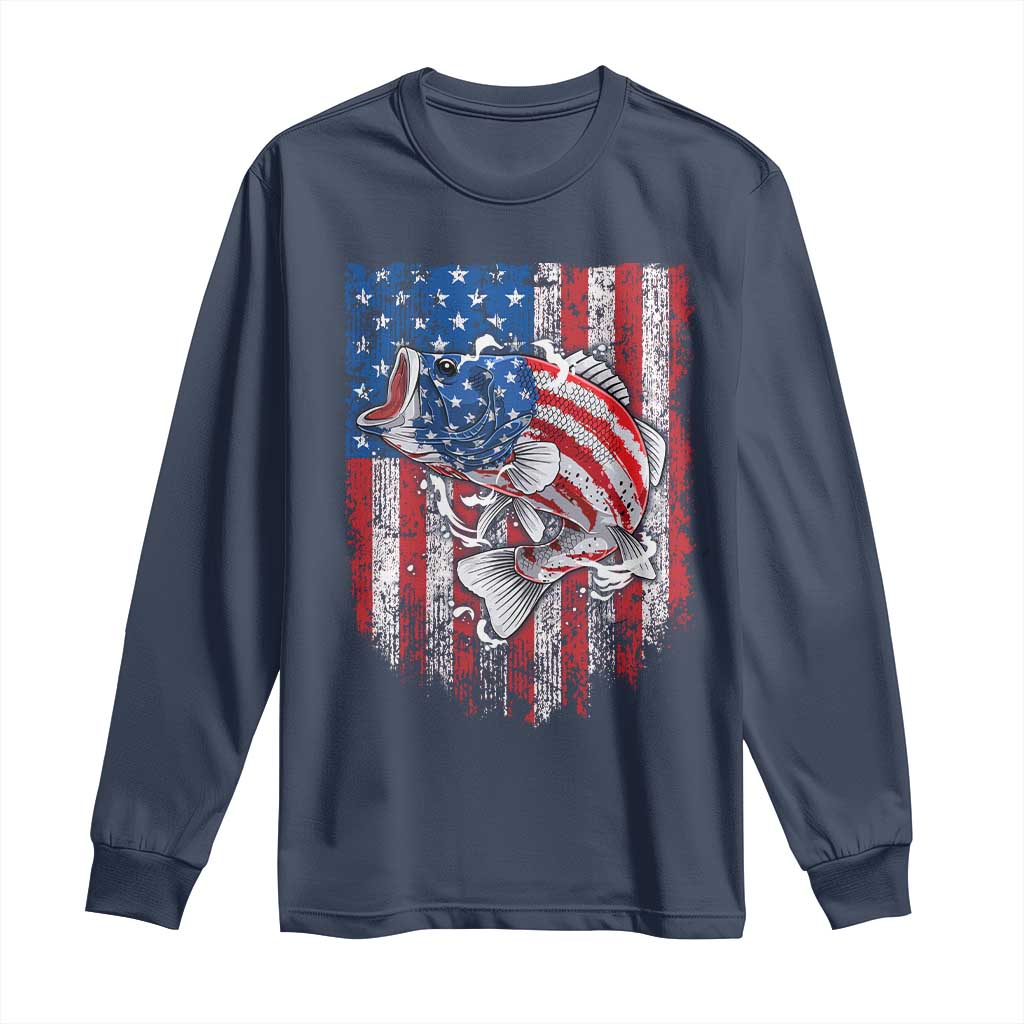 Funny Bass Fish Fishing Vintage American Flag Patriotic Long Sleeve Shirt TS11 Navy Print Your Wear