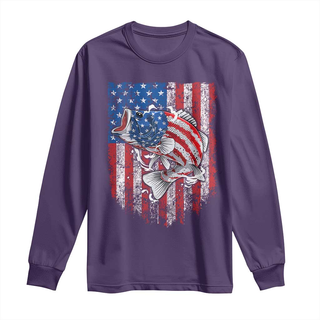 Funny Bass Fish Fishing Vintage American Flag Patriotic Long Sleeve Shirt TS11 Purple Print Your Wear