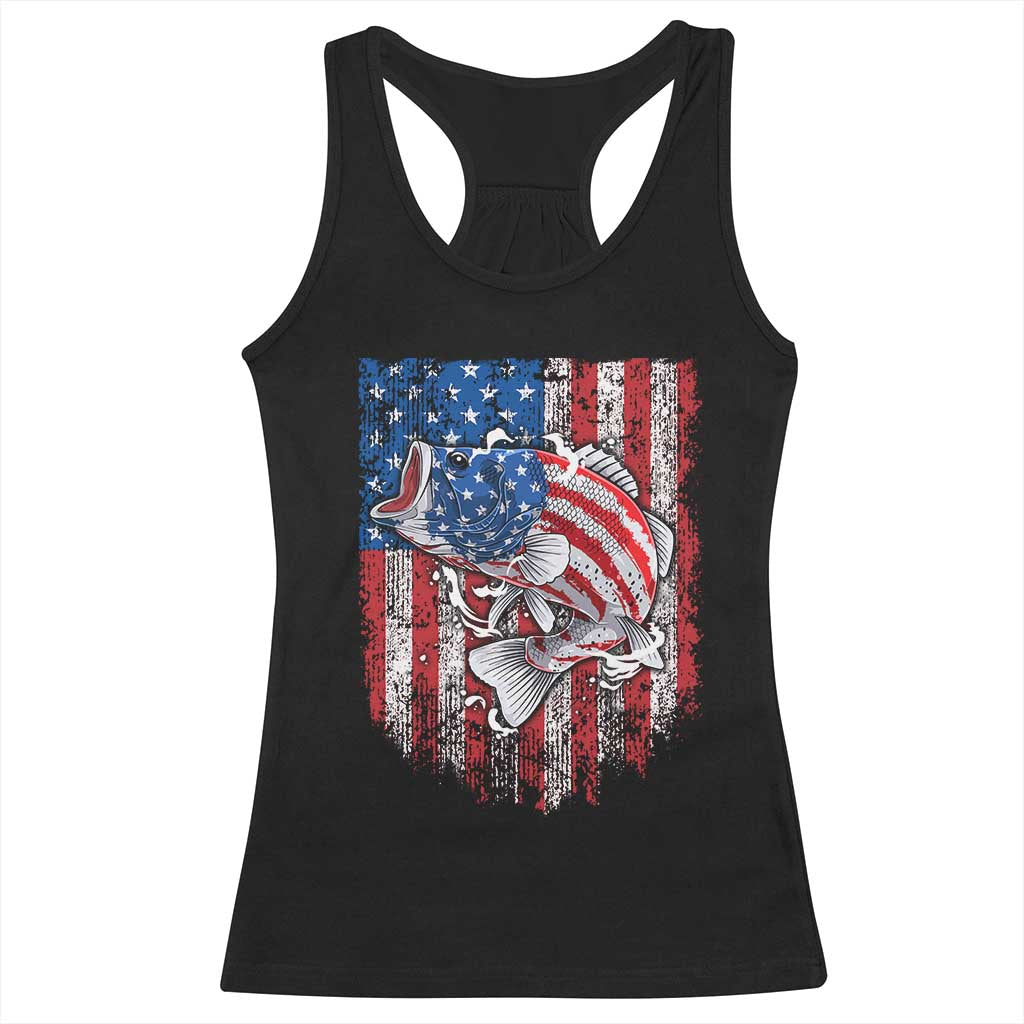 Funny Bass Fish Fishing Vintage American Flag Patriotic Racerback Tank Top - Print Your Wear