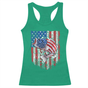 Funny Bass Fish Fishing Vintage American Flag Patriotic Racerback Tank Top - Print Your Wear