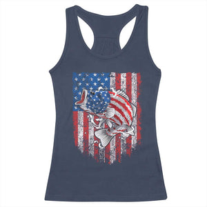 Funny Bass Fish Fishing Vintage American Flag Patriotic Racerback Tank Top - Print Your Wear