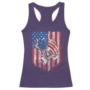 Funny Bass Fish Fishing Vintage American Flag Patriotic Racerback Tank Top - Print Your Wear