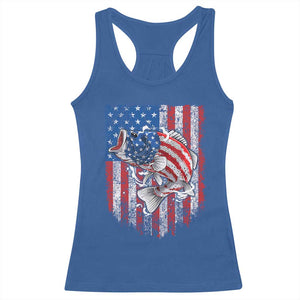 Funny Bass Fish Fishing Vintage American Flag Patriotic Racerback Tank Top - Print Your Wear