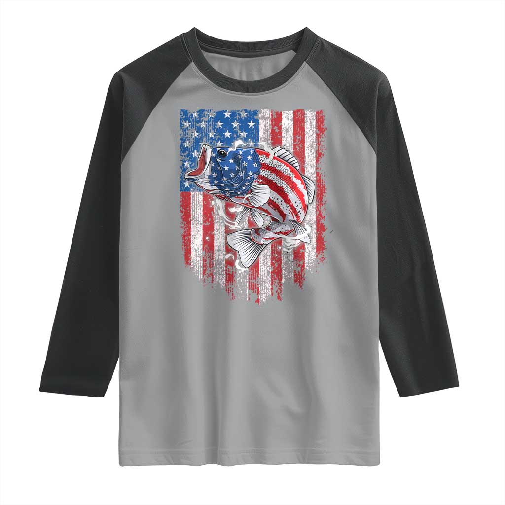 Funny Bass Fish Fishing Vintage American Flag Patriotic Raglan Shirt TS11 Sport Gray Black Print Your Wear