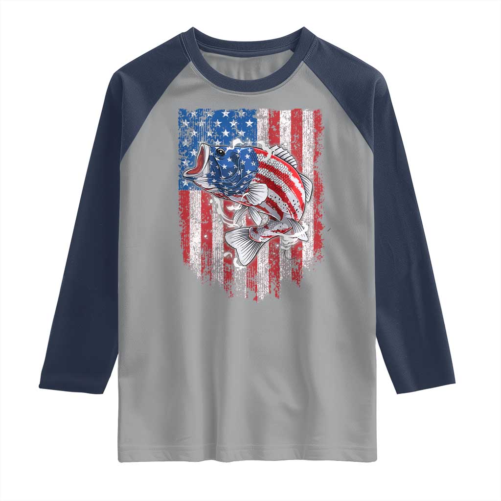 Funny Bass Fish Fishing Vintage American Flag Patriotic Raglan Shirt TS11 Sport Gray Navy Print Your Wear