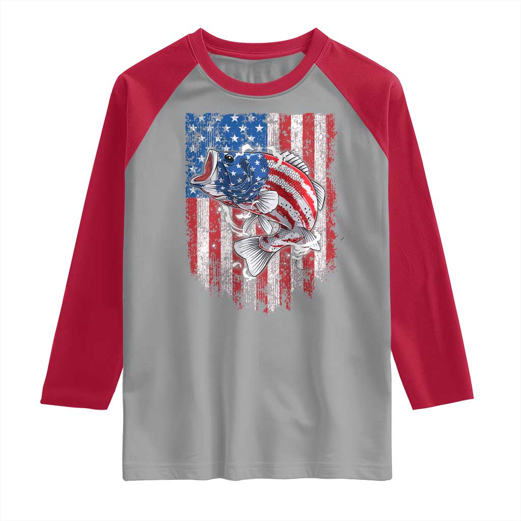 Funny Bass Fish Fishing Vintage American Flag Patriotic Raglan Shirt TS11 Sport Gray Red Print Your Wear
