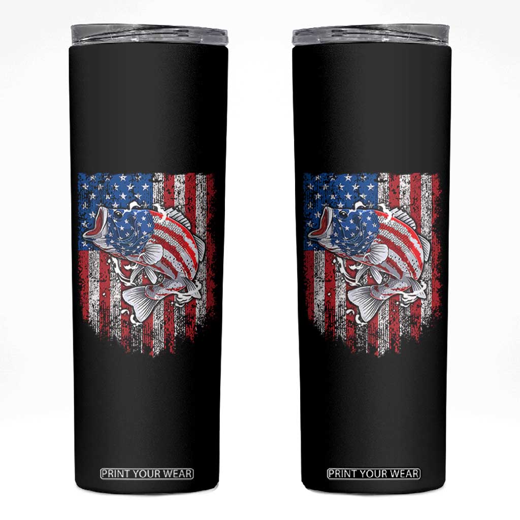 Funny Bass Fish Fishing Vintage American Flag Patriotic Skinny Tumbler TS11 Black Print Your Wear