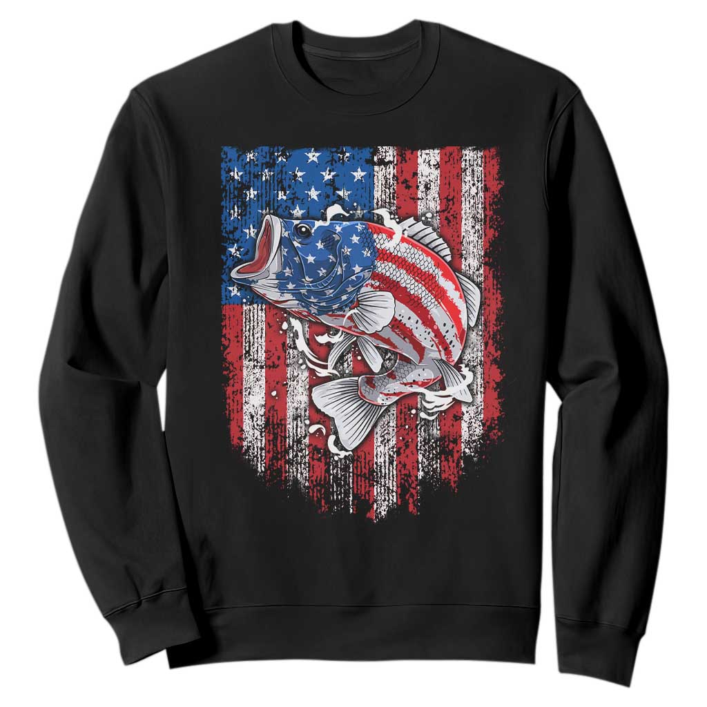 Funny Bass Fish Fishing Vintage American Flag Patriotic Sweatshirt TS11 Black Print Your Wear