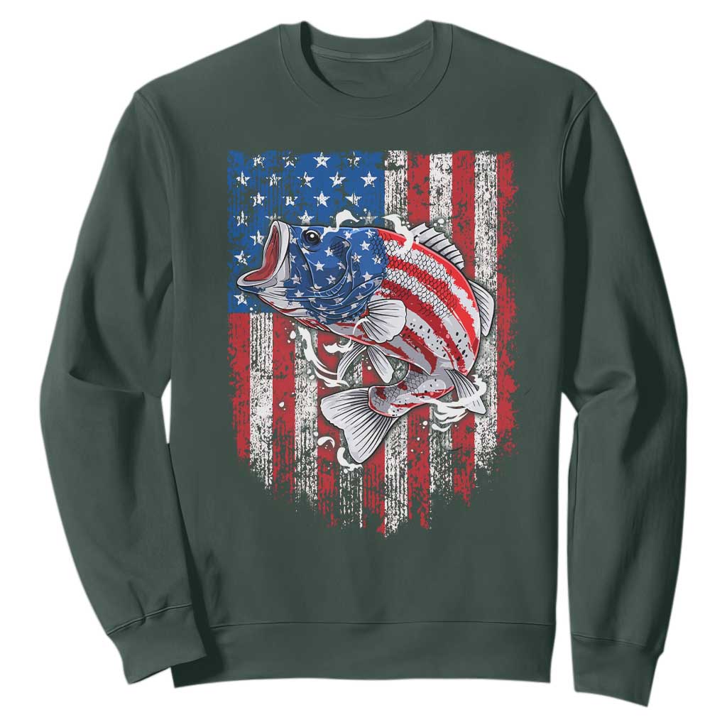 Funny Bass Fish Fishing Vintage American Flag Patriotic Sweatshirt TS11 Dark Forest Green Print Your Wear