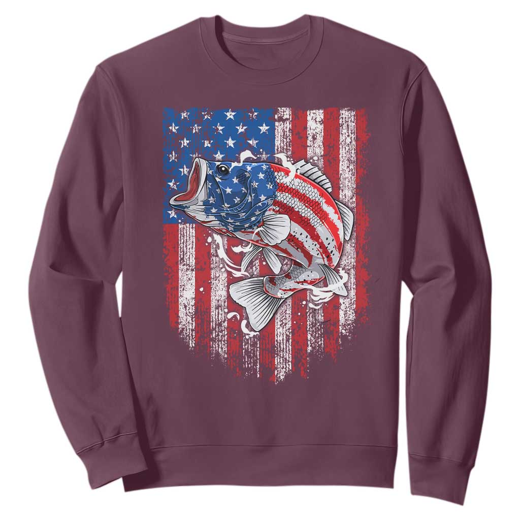 Funny Bass Fish Fishing Vintage American Flag Patriotic Sweatshirt TS11 Maroon Print Your Wear