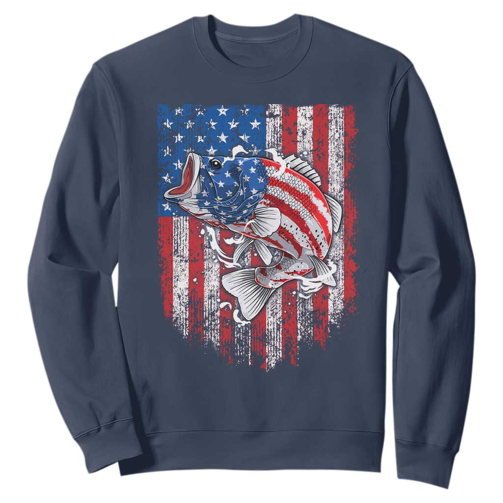 Funny Bass Fish Fishing Vintage American Flag Patriotic Sweatshirt TS11 Navy Print Your Wear