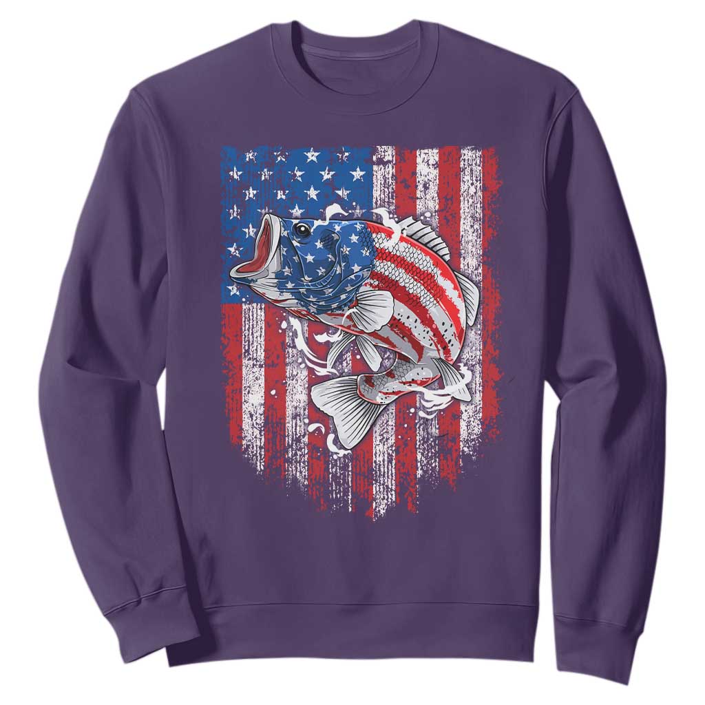 Funny Bass Fish Fishing Vintage American Flag Patriotic Sweatshirt TS11 Purple Print Your Wear