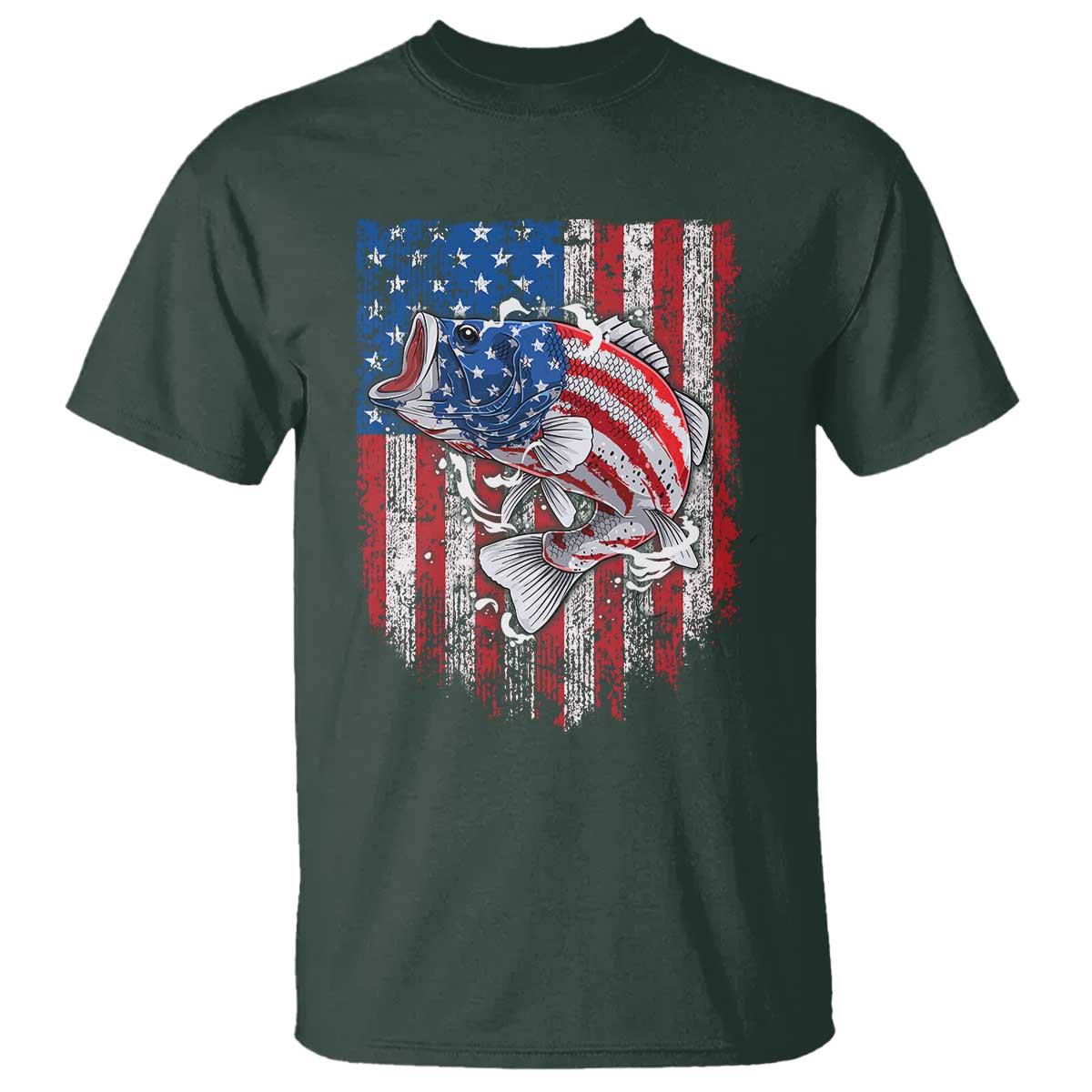 Funny Bass Fish Fishing Vintage American Flag Patriotic T Shirt TS11 Dark Forest Green Print Your Wear