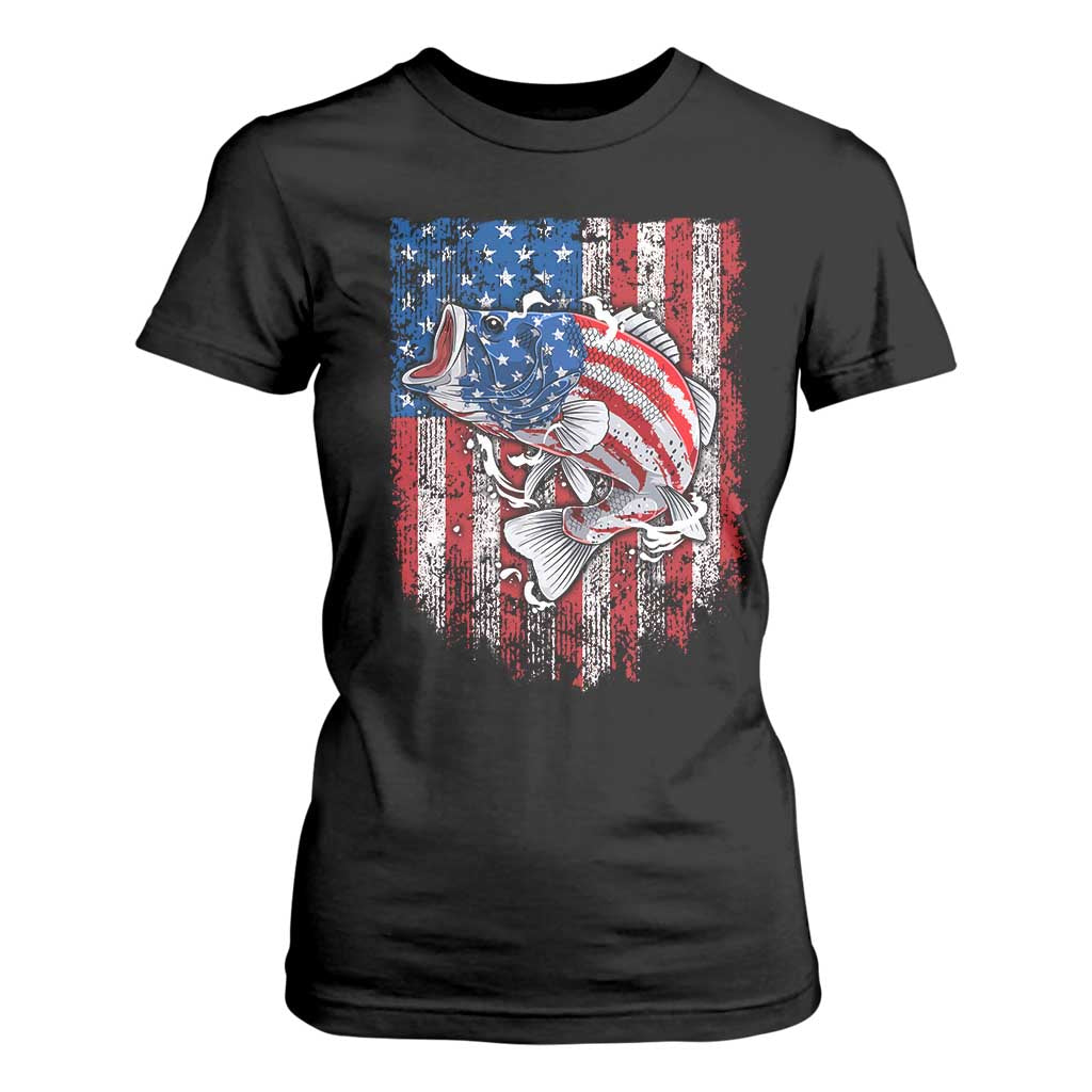 Funny Bass Fish Fishing Vintage American Flag Patriotic T Shirt For Women TS11 Black Print Your Wear