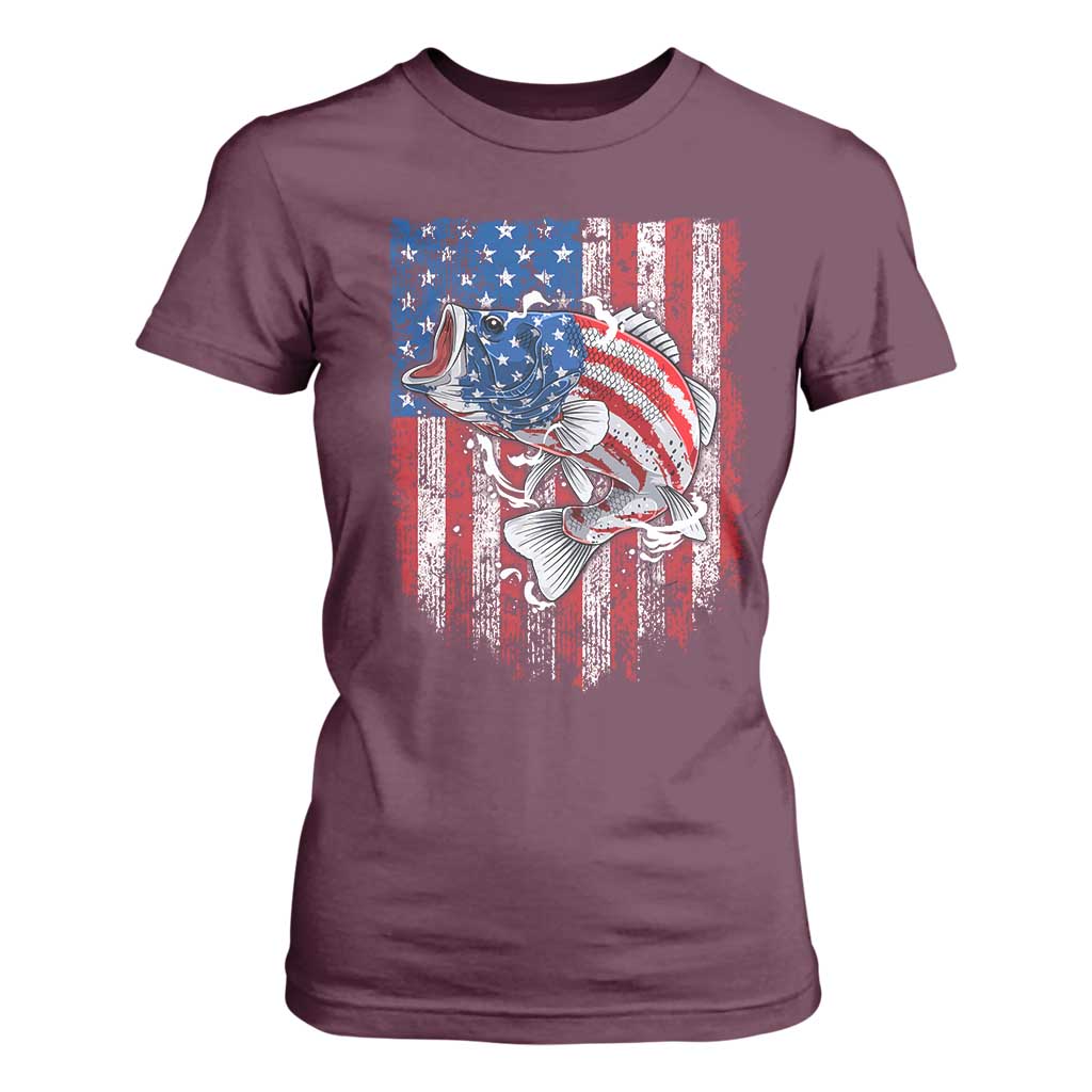 Funny Bass Fish Fishing Vintage American Flag Patriotic T Shirt For Women TS11 Maroon Print Your Wear