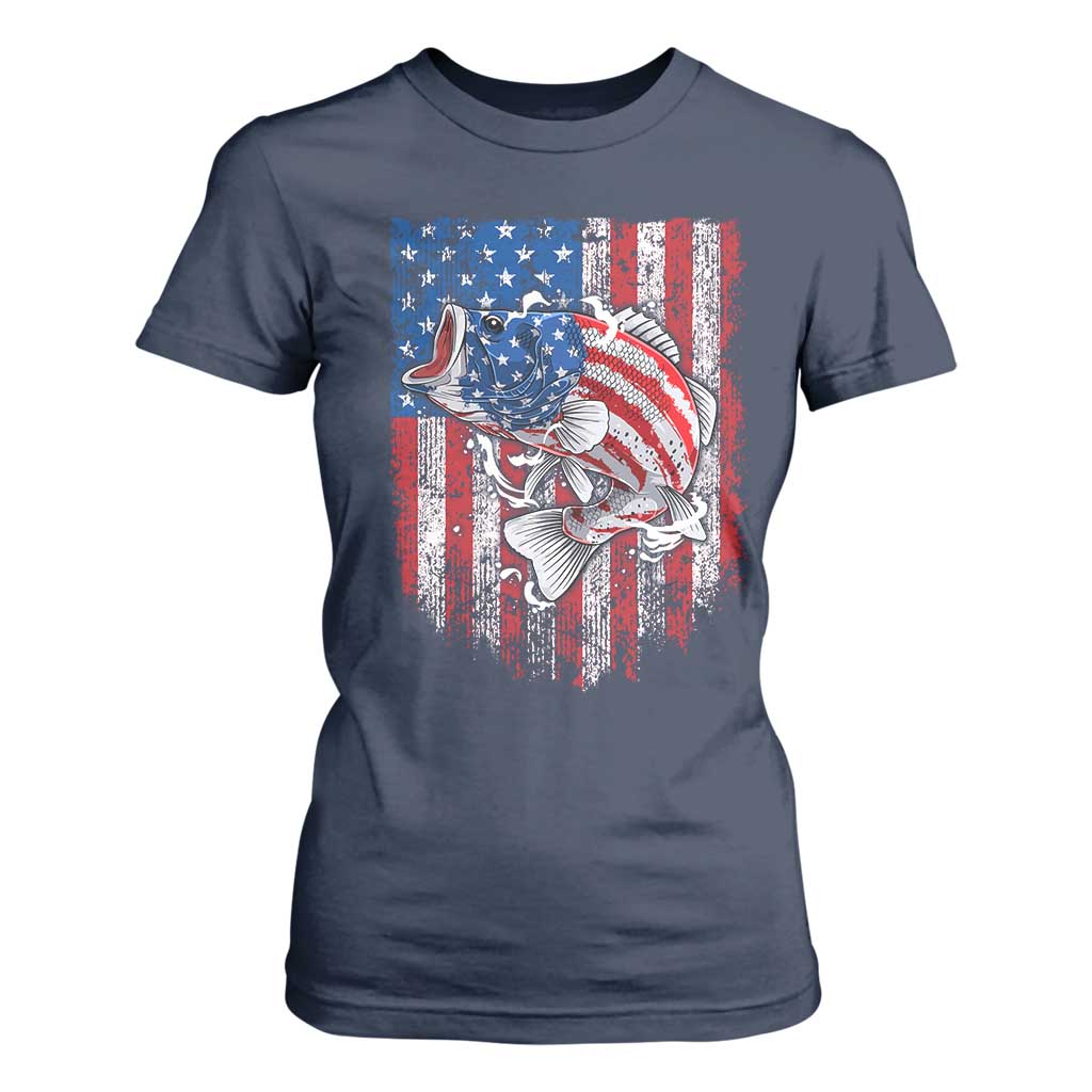 Funny Bass Fish Fishing Vintage American Flag Patriotic T Shirt For Women TS11 Navy Print Your Wear