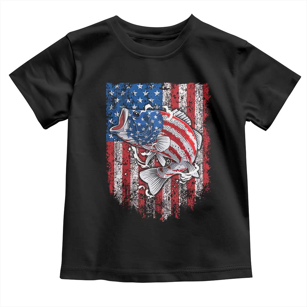 Funny Bass Fish Fishing Vintage American Flag Patriotic Toddler T Shirt TS11 Black Print Your Wear