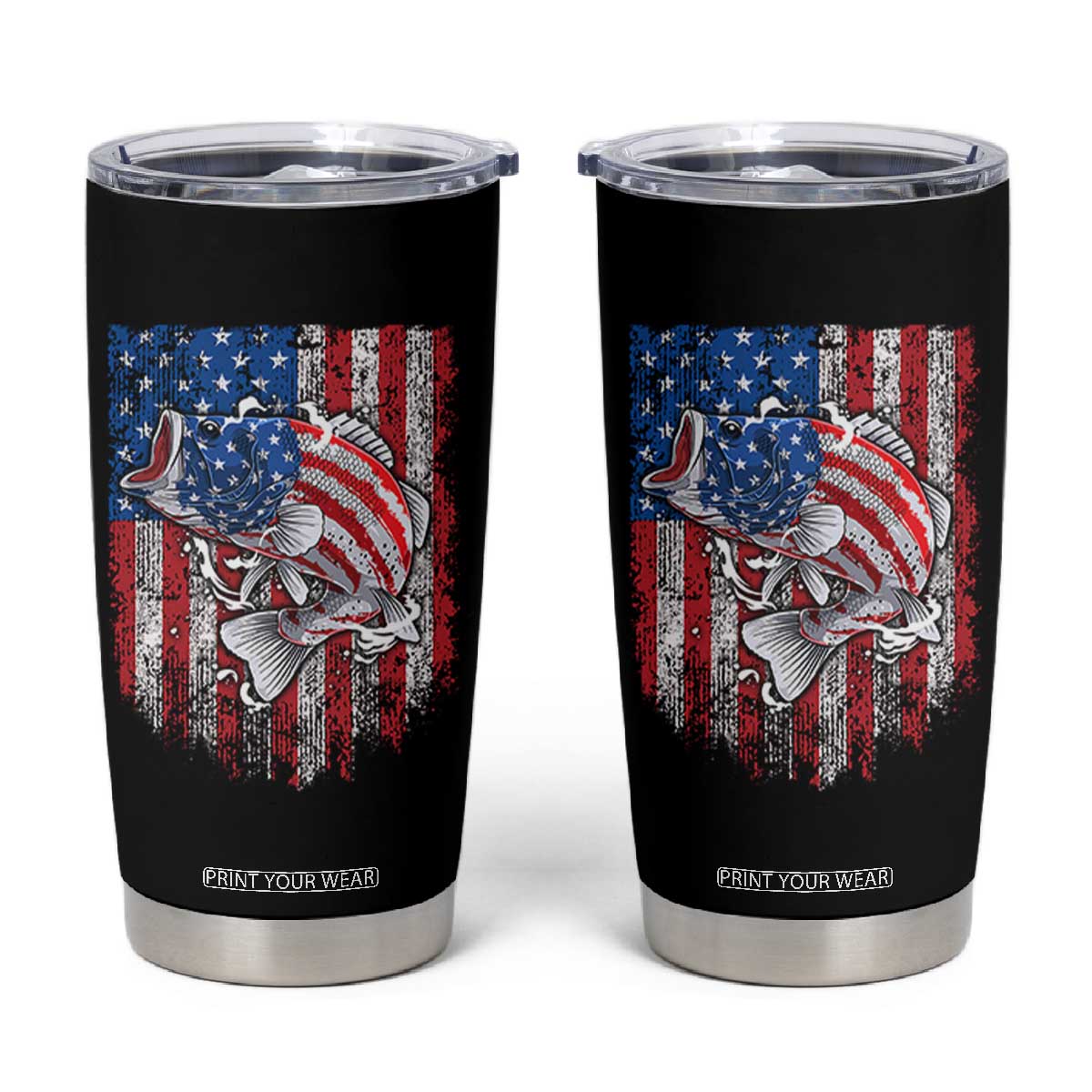 Funny Bass Fish Fishing Vintage American Flag Patriotic Tumbler Cup TS11 Black Print Your Wear