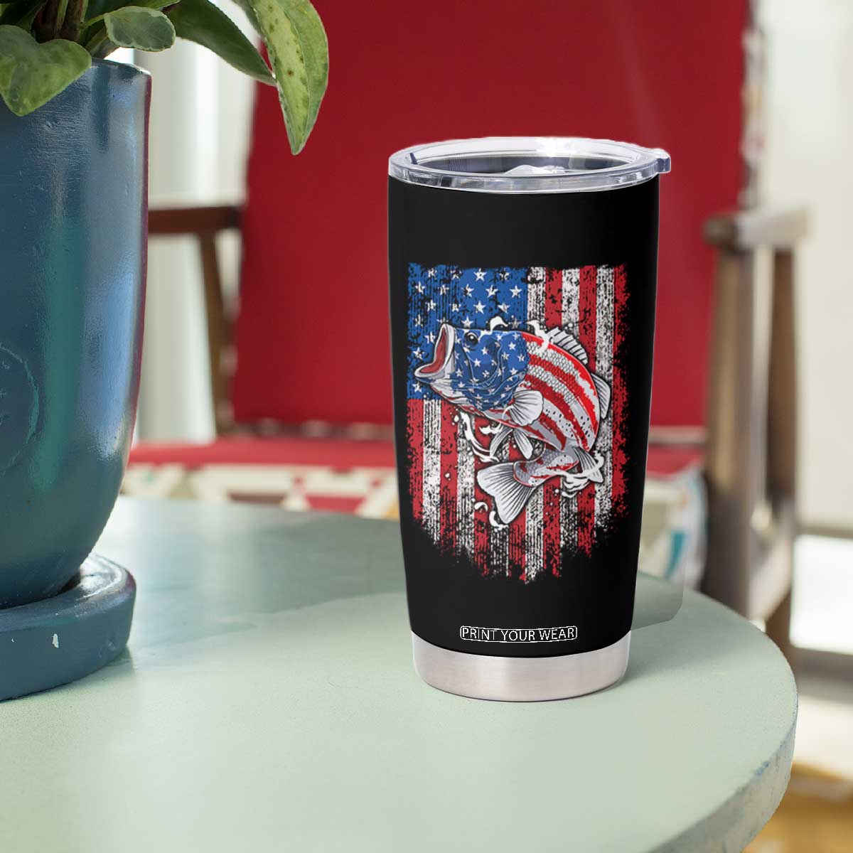 Funny Bass Fish Fishing Vintage American Flag Patriotic Tumbler Cup TS11 Print Your Wear