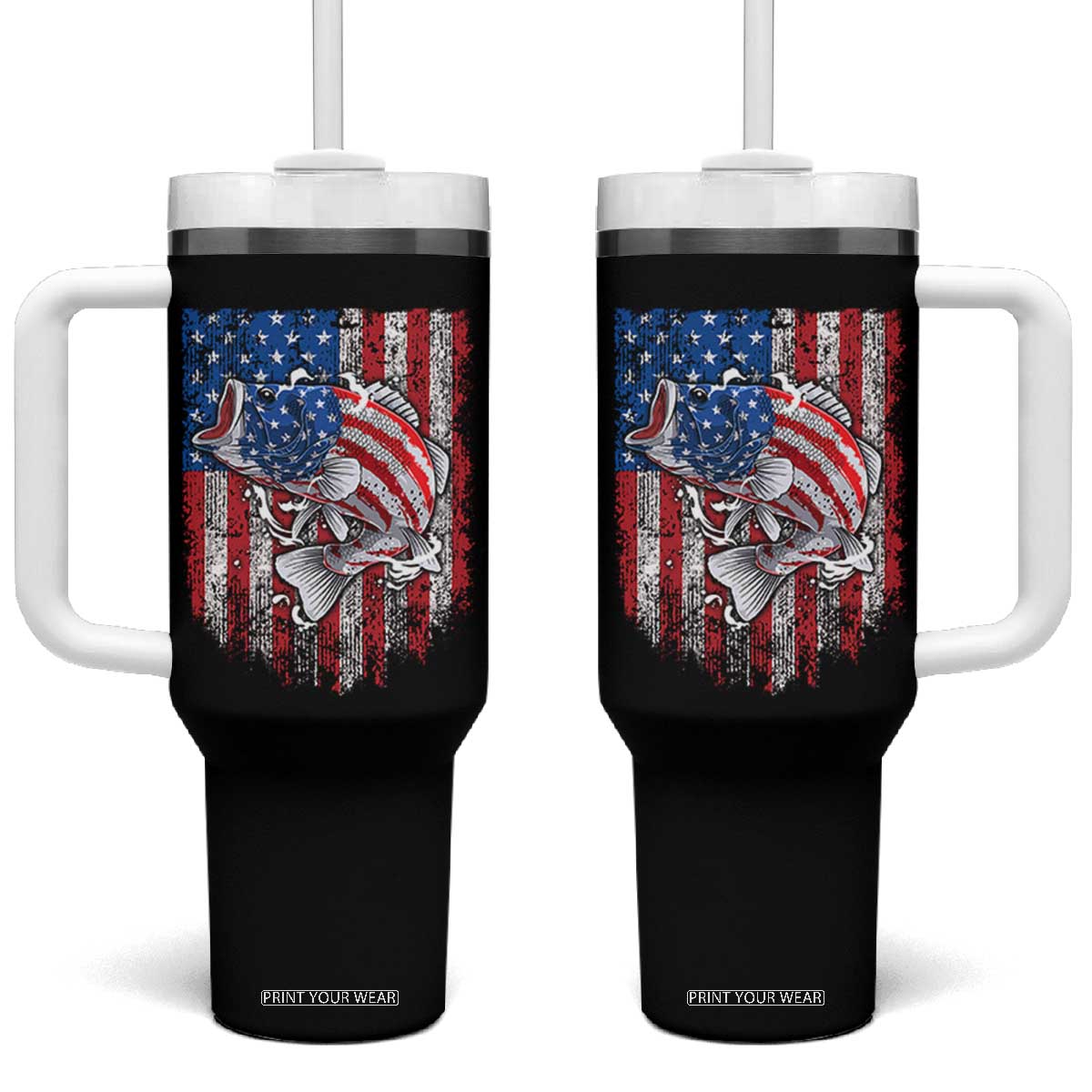 Funny Bass Fish Fishing Vintage American Flag Patriotic Tumbler With Handle TS11 One Size: 40 oz Black Print Your Wear