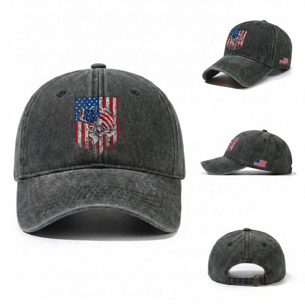 Funny Bass Fish Fishing Vintage American Flag Patriotic Washed Cotton Baseball Cap TS11 Washed Cap Universal Fit Dark Green Print Your Wear