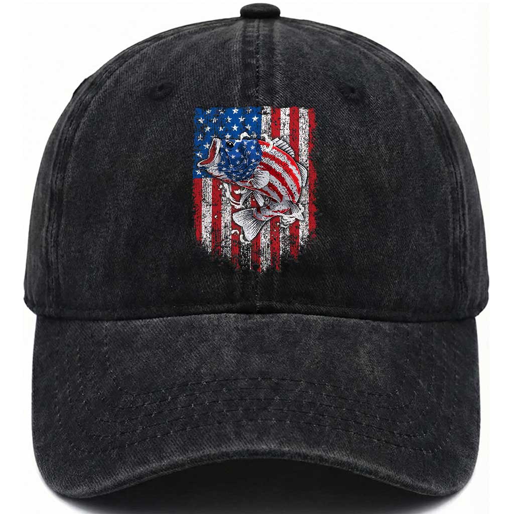 Funny Bass Fish Fishing Vintage American Flag Patriotic Washed Cotton Baseball Cap TS11 Print Your Wear