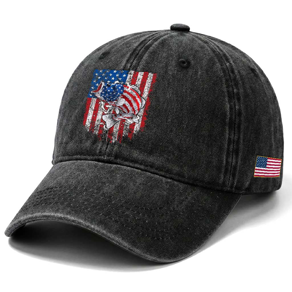 Funny Bass Fish Fishing Vintage American Flag Patriotic Washed Cotton Baseball Cap TS11 Print Your Wear