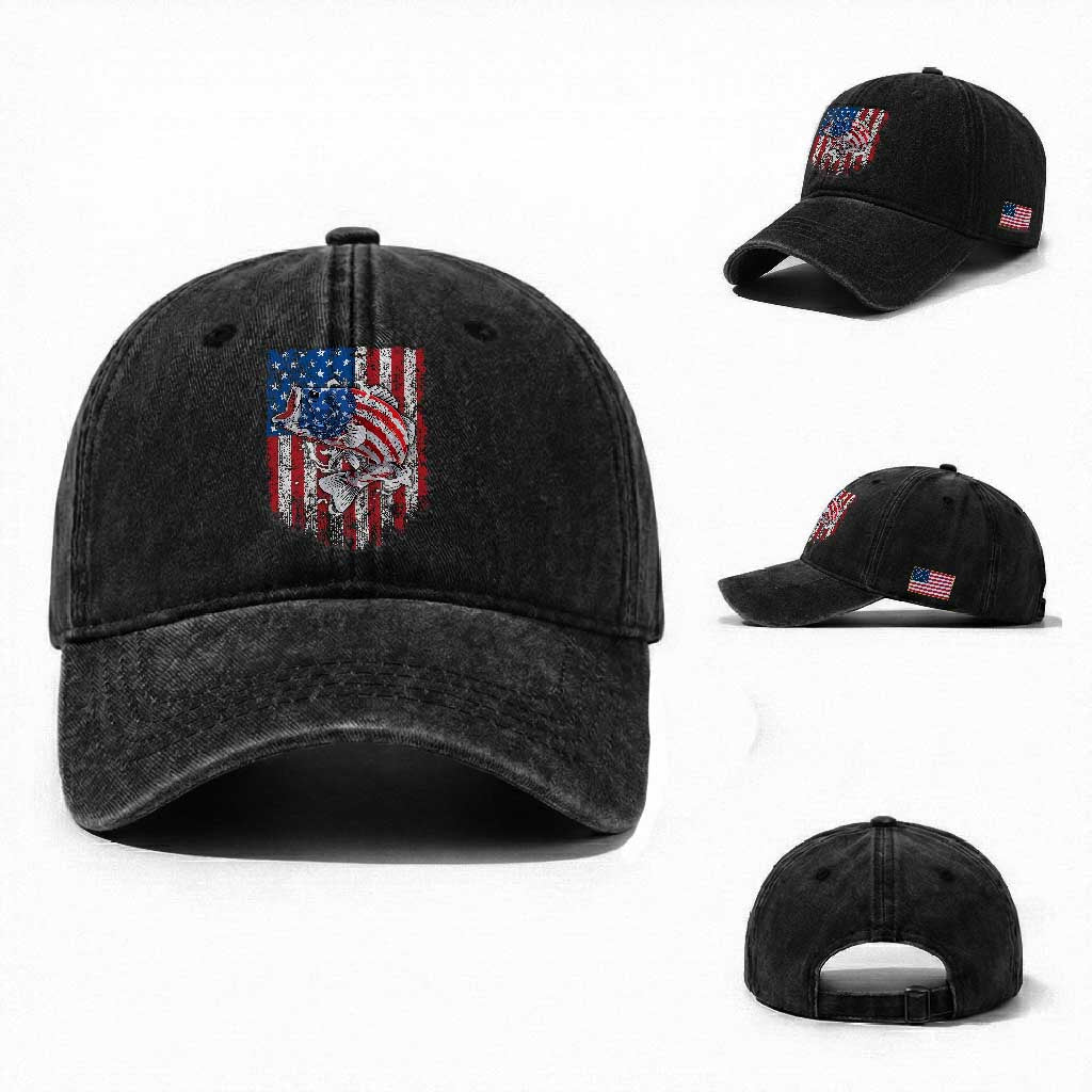 Funny Bass Fish Fishing Vintage American Flag Patriotic Washed Cotton Baseball Cap TS11 Washed Cap Universal Fit Black Print Your Wear