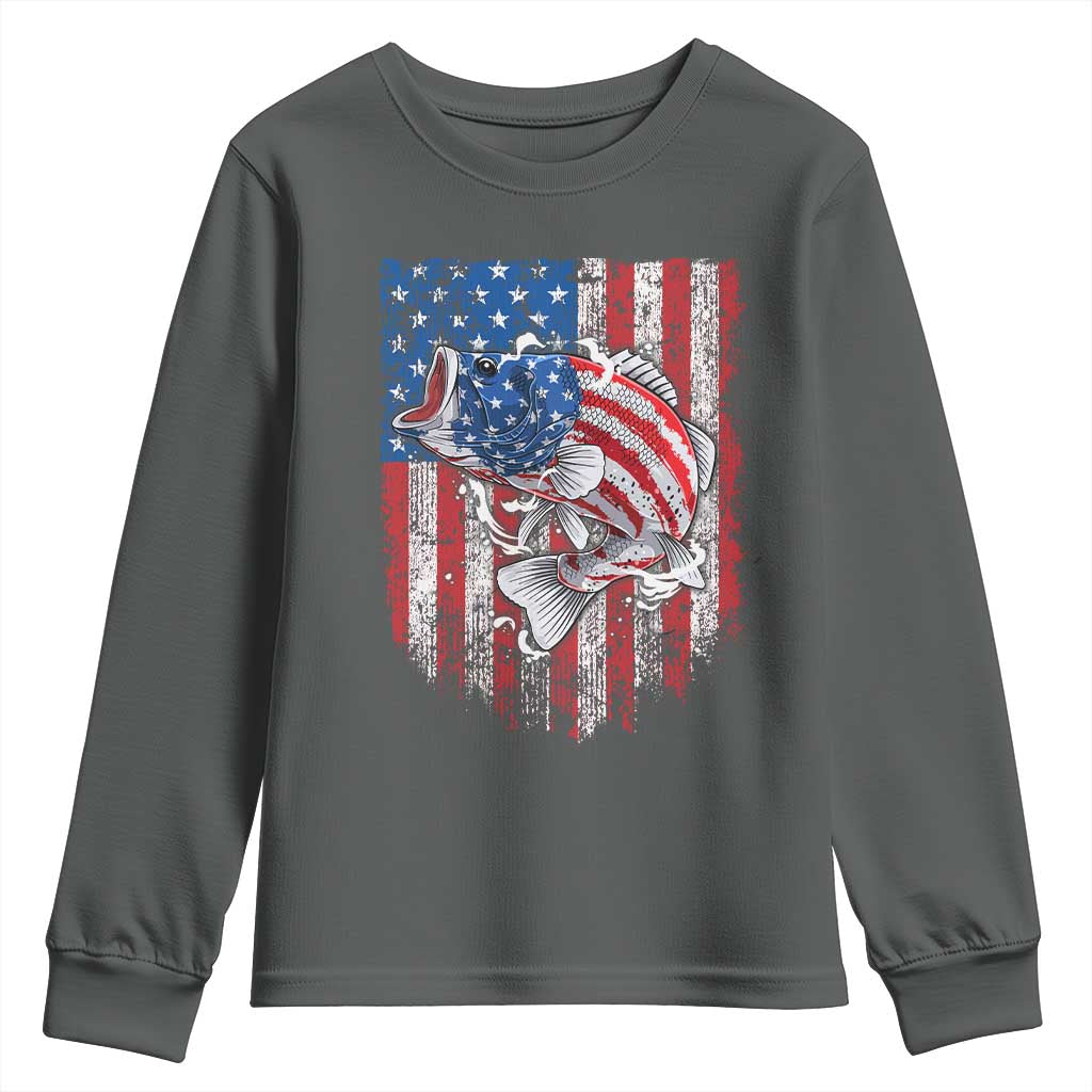 Funny Bass Fish Fishing Vintage American Flag Patriotic Youth Sweatshirt TS11 Dark Heather Print Your Wear